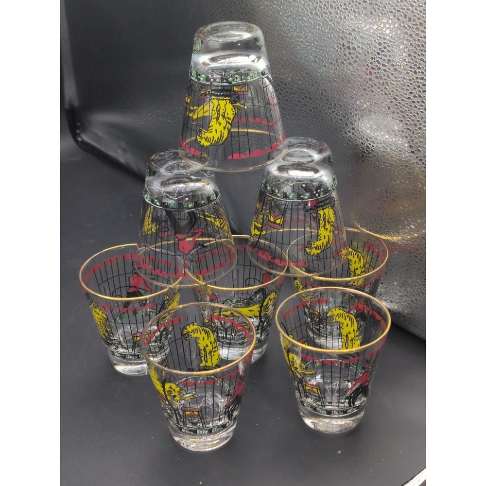 Vtg. Libbey "Day At The Circus" GLASSES  5 OZ  USA 8 Gold Rim 1950s